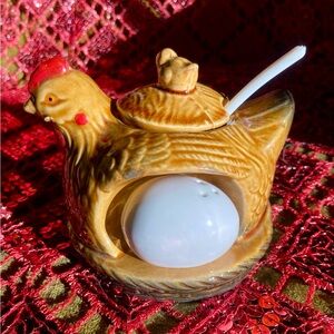 Vintage Japanese ceramic hen bowl with spoon and salt and pepper shakers